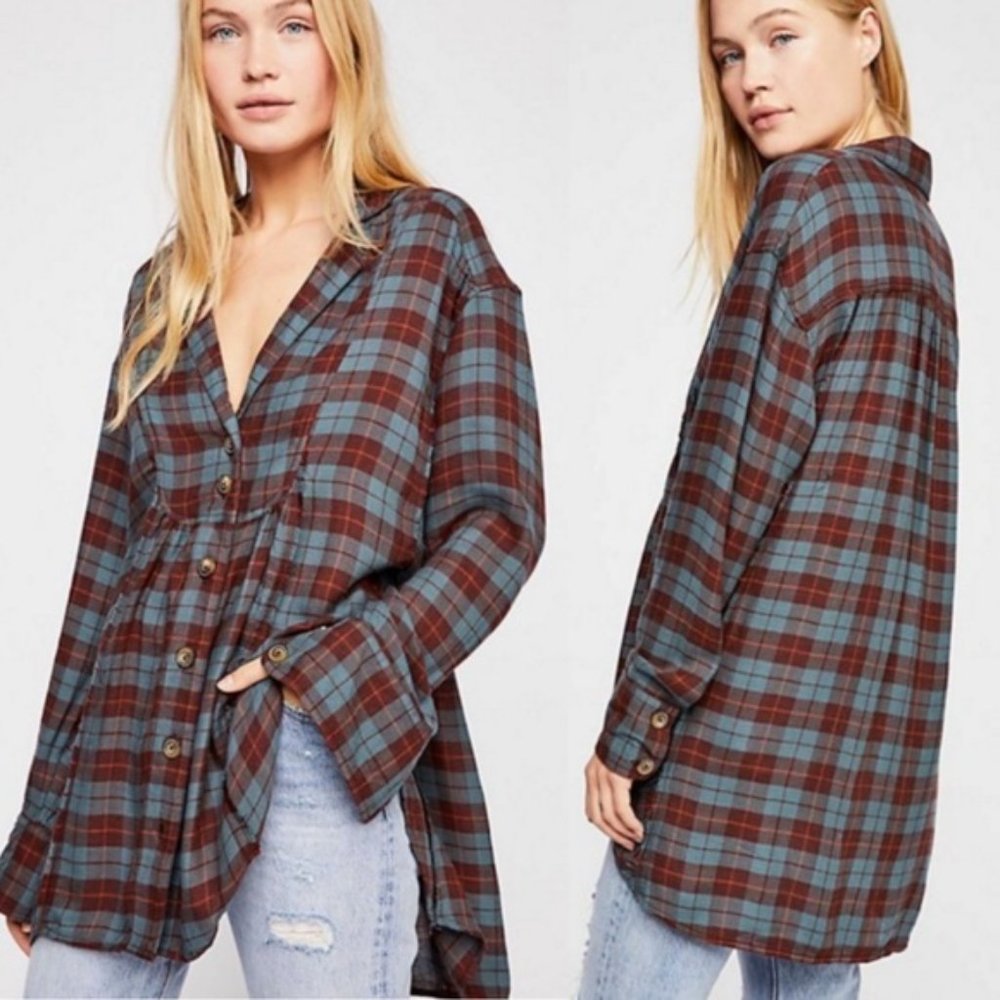 Free People All About the Feels Plaid Button-Down Shirt Size Small